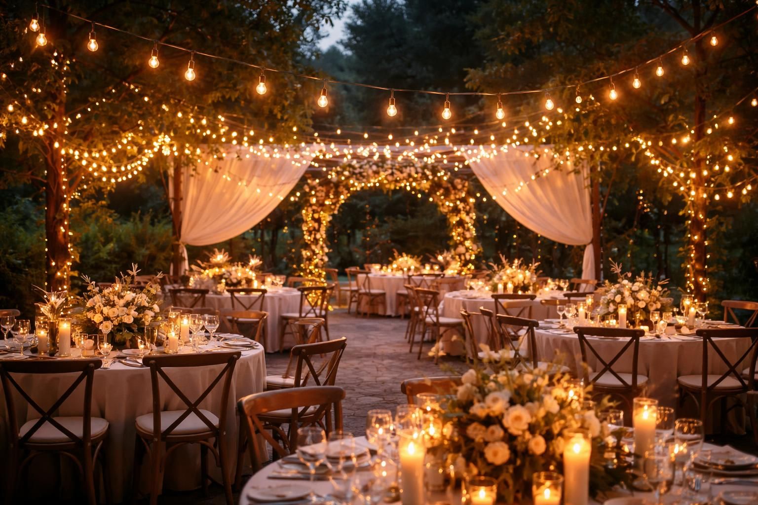 découvrez comment sublimer la décoration de votre salle de mariage grâce à un éclairage d'ambiance chaleureux et des guirlandes lumineuses extérieures pour une atmosphère magique et inoubliable.