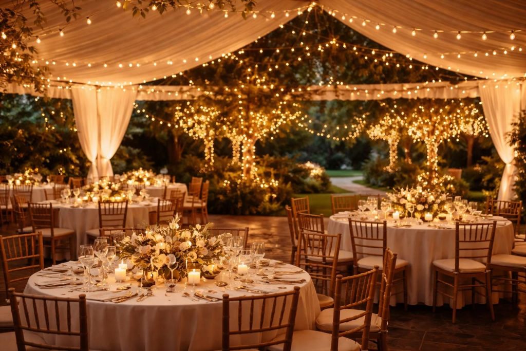 découvrez comment décorer une salle de mariage avec un éclairage d'ambiance chaleureux et des guirlandes lumineuses extérieures pour créer une atmosphère magique et romantique.