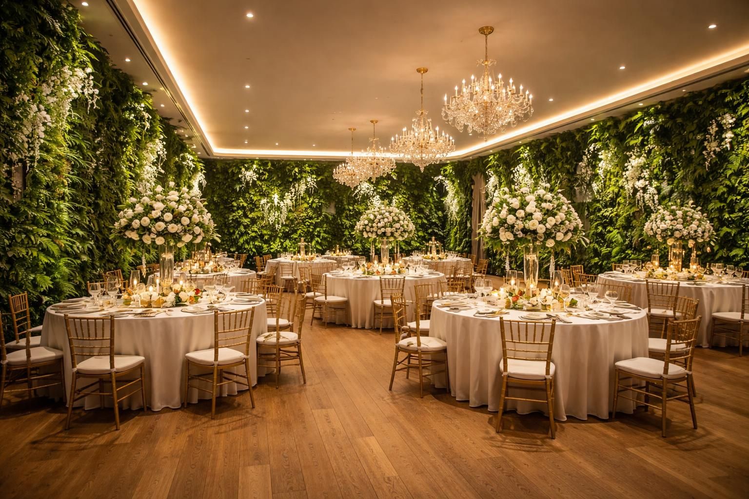 découvrez comment décorer une salle de mariage en alliant l'élégance du parquet chêne massif, la fraîcheur des murs végétaux et l'ambiance chaleureuse des lumières led pour une célébration inoubliable.