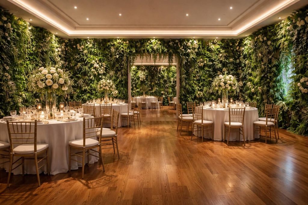 découvrez comment sublimer une salle de mariage avec un parquet en chêne massif, des murs végétaux luxuriants et un éclairage led moderne pour une ambiance élégante et chaleureuse.